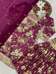 Ravishing Wine Chinon Silk Embroidery Sharara Suit