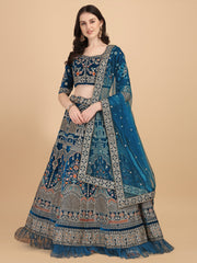 Party Wear Blue Silver-Toned Velvet Lehenga Choli