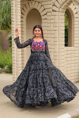 Gorgeous Black Georgette Embroidery Work Gown For Navratri