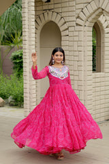 Pink Georgette Embroidery Work Gown For Navratri