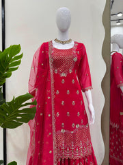 Daisy Red Georgette Thread Work Sharara Suit