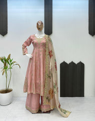Gorgeous Pink Chinon Sequence Work Gown With Palazzo Suit