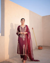 Pretty Maroon Satin Silk Work Palazzo Suit