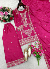 Ravishing Pink Chinon Silk Embroidery Work Palazzo Suit