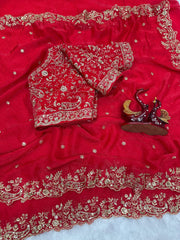 Exclusive Red Color Embroidery Work Saree