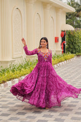 Lovely Purple Georgette Gamthi Work Gown For Navratri