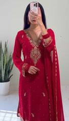 Lovely Red Georgette Embroidery Palazzo Suit