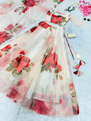 Ravishing White Color Organza Floral Printed Lehenga Choli