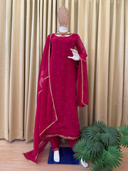 Attractive Maroon Georgette Embroidery Work Palazzo Suit