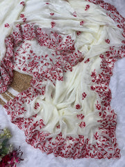 Trendy White Color Thread Work Silk Saree