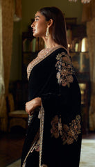 Lovely Black Velvet With Dori Work Net Saree