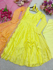 Marvelous Lemon Color Chinon Silk Work Gown