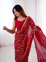 Lovely Red Crunchy Silk Embroidery Work Saree