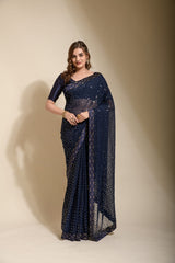 Beautiful Ready To Wear Navy Blue Color Sequence Work Saree