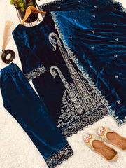Lovely Blue Velvet with Embroidery Work Palazzo Suit