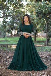 Dark Green Embroidery Sequence Work Gown