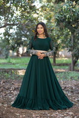 Dark Green Embroidery Sequence Work Gown
