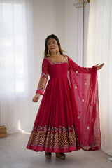 Trendy Red Georgette Embroidery Work Gown