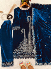 Marvelous Blue Velvet Embroidery Work Suit