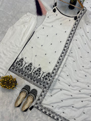 Amazing White Cotton Silk Embroidery Palazzo Suit