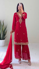 Lovely Red Georgette Embroidery Palazzo Suit