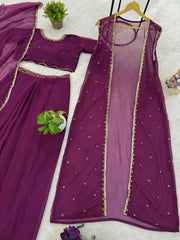 Glorious Purple Georgette Embroidery Koti With Lehenga Set