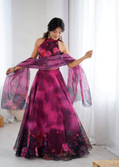 Lovely Pink Color Flower Printed Organza Lehenga Set