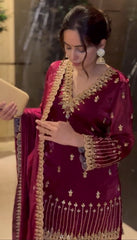 Stylish Pink Color Embroidery Work Sharara Suit