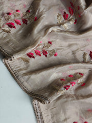 Pretty Beige Color Embroidery Work Silk Saree