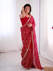 Lovely Red Crunchy Silk Embroidery Work Saree