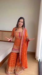 Ravishing Thread With Sequence Work Orange Color Sharara Suit