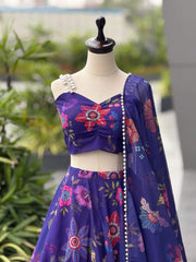 Gorgeous Blue Digital Printed Organza Lehenga Choli