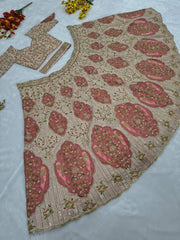 Exclusive Peach Silk Embroidery Work Lehenga Choli