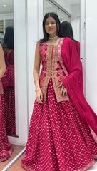 Amazing Red Color Chinon Embroidery Work Top With Lehenga