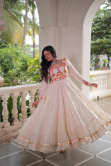 Navratri Wear Trendy White Cotton Embroidered Gown