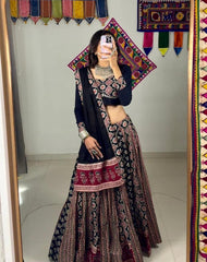 Lovely Black Rayon Printed Work Lehenga Choli