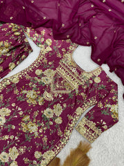 Ravishing Wine Chinon Silk Embroidery Sharara Suit