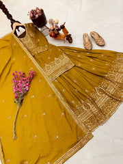 Pretty Mustard Chinon Silk Embroidery Sequence Work Top With Lehenga