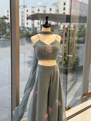 Pretty Sky Blue Georgette Hand Painted Palazzo Suit