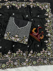 Ravishing Black Rangoli Silk Embroidery Saree
