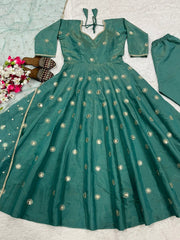 Fancy Green Simmer Silk Embroidery Anarkali Suit