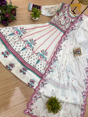 Beautiful White Color Chinon Embroidery Work Gown