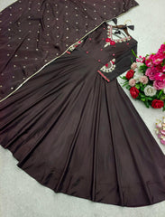 Ravishing Brown Satin Silk Sequence Work Gown
