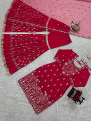 Daisy Red Georgette Thread Work Sharara Suit