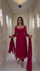 Attractive Maroon Georgette Embroidery Work Palazzo Suit