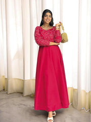 Gorgeous Red Roman Silk with Embroidery Work Gown