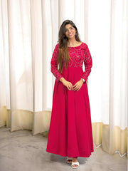 Gorgeous Red Roman Silk with Embroidery Work Gown