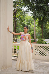 Amazing Off-White Cotton Embroidered Gown For Navratri