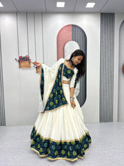 White Color Ajrakh Print Lehenga Choli For Navratri Wear