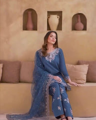Glorious Blue Crepe Sequence Work Palazzo Suit